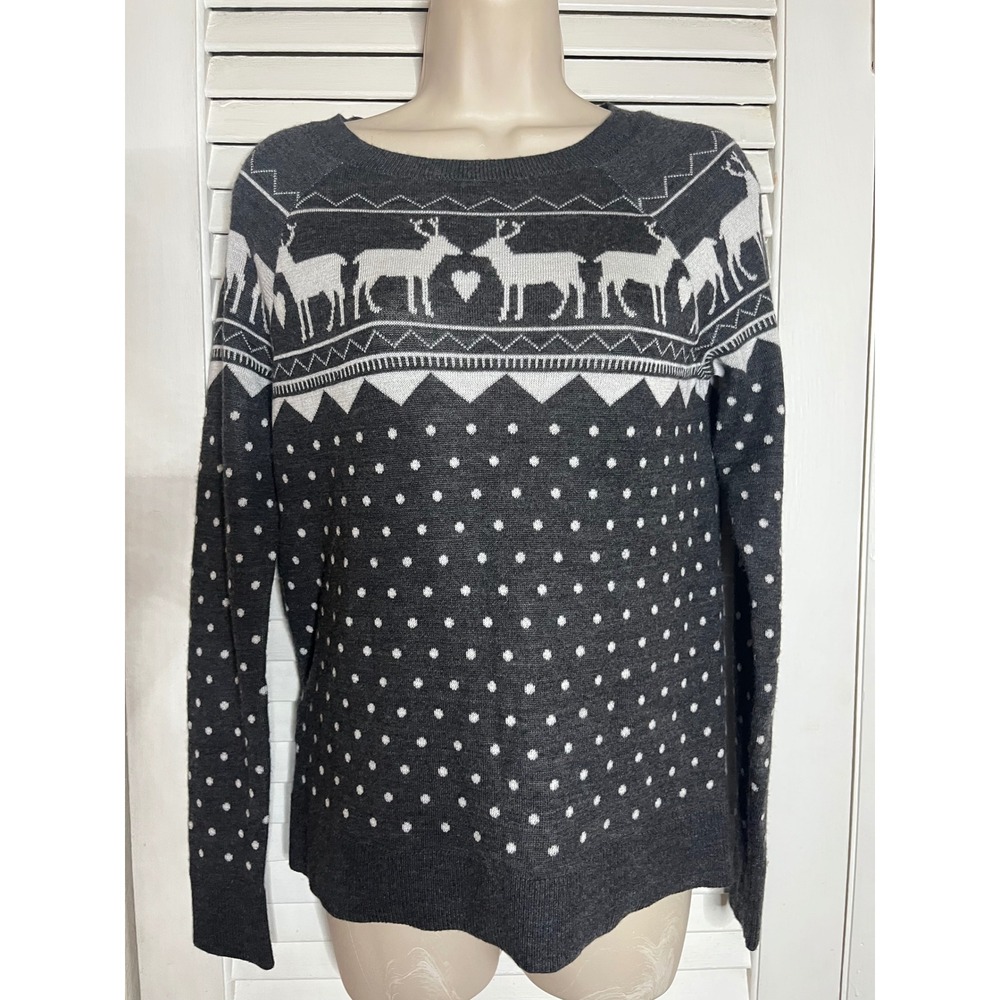 LOFT Gray Reindeer Wool blend Sweater Holiday Winter Polka Dot Sweater S